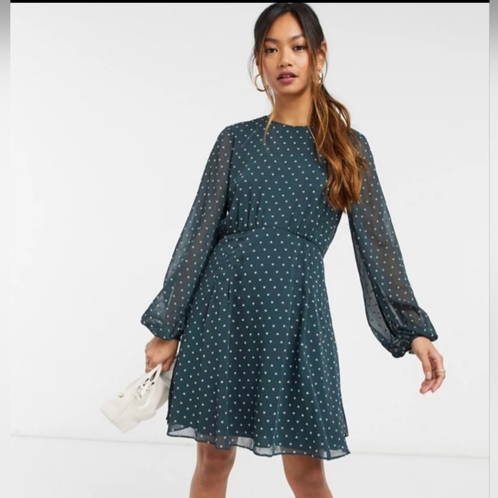 Ted Baker Kobie long sleeve heart print mini dress in dark green size 2